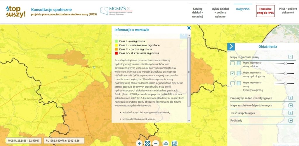 Mapy zagrożenia suszą, przykład suszy hydrologicznej, geoportal na stronie konsultacjesusza.pl
