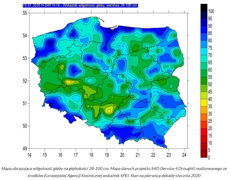 Mapa Polski obrazująca wilgotność gleby na głębokości 28-100cm, www.wody.gov.pl, artykuł PGW WP Czy mamy już suszę 