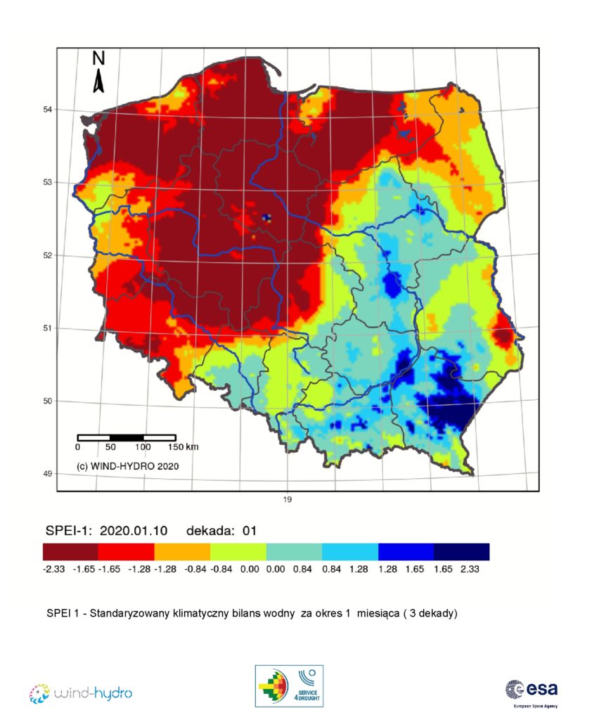 Średnia wartość SPEI 1 czyli Standaryzowany klimatyczny bilans wodny, stan na 2020-01-10 Dekada 01