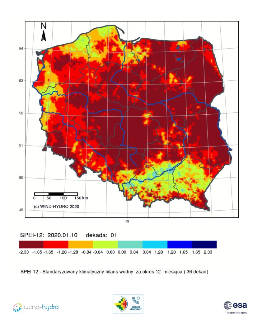 Średnia wartość SPEI 12 czyli Standaryzowany klimatyczny bilans wodny, stan na 2020-01-10 Dekada 01