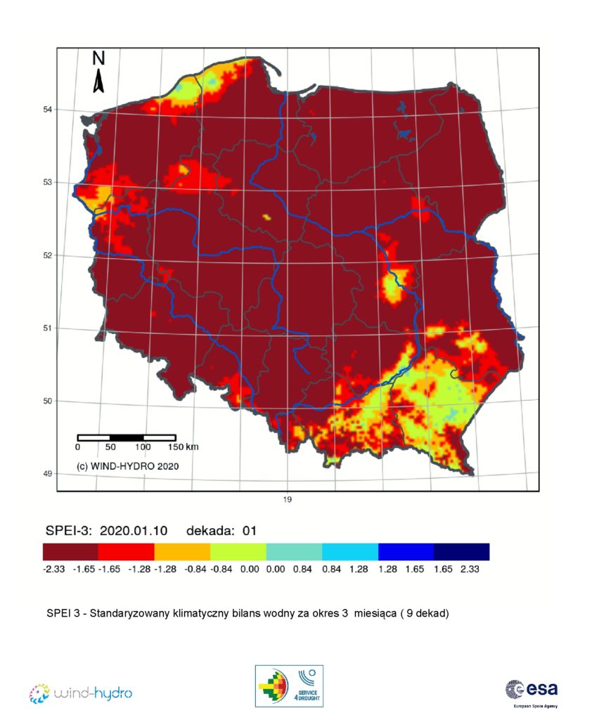 Średnia wartość SPEI 3czyli Standaryzowany klimatyczny bilans wodny, stan na 2020-01-10 Dekada 01