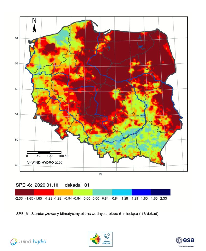 Średnia wartość SPEI 6 czyli Standaryzowany klimatyczny bilans wodny, stan na 2020-01-10 Dekada 01