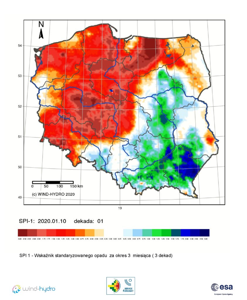 Średnia wartość SPI 1 czyli Wskaźnik standaryzowanego opadu za okres 1 miesiąca (3 dekady), stan na 2020-01-10 Dekada 01