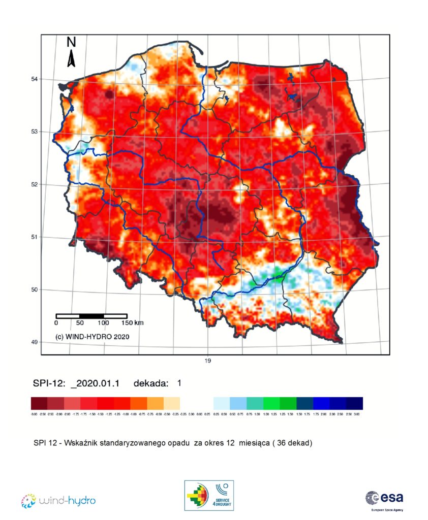 Średnia wartość SPI 12 czyli Wskaźnik standaryzowanego opadu za okres 12 miesiąca (36 dekad), stan na 2020-01-10 Dekada 01