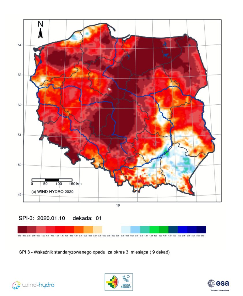 Średnia wartość SPI 3 czyli Wskaźnik standaryzowanego opadu za okres 3 miesiąca (9 dekad), stan na 2020-01-10 Dekada 01