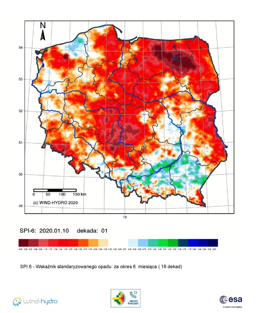 Średnia wartość SPI 6 czyli Wskaźnik standaryzowanego opadu za okres 6 miesiąca (18 dekad), stan na 2020-01-10 Dekada 01
