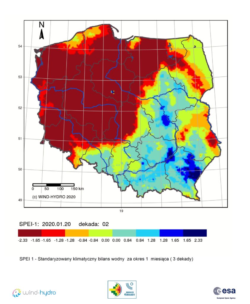 Średnia wartość SPEI 1 czyli Standaryzowany klimatyczny bilans wodny, stan na 2020-01-20 Dekada 02