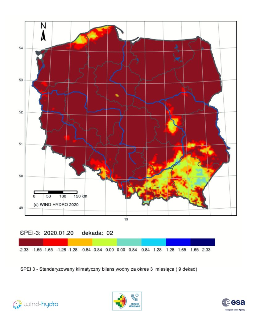 Średnia wartość SPEI 3czyli Standaryzowany klimatyczny bilans wodny, stan na 2020-01-20 Dekada 02