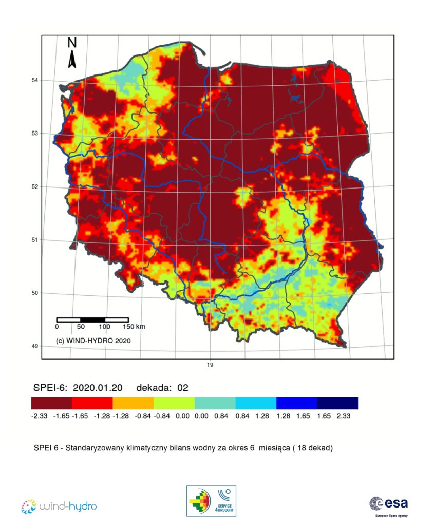 Średnia wartość SPEI 6 czyli Standaryzowany klimatyczny bilans wodny, stan na 2020-01-20 Dekada 02