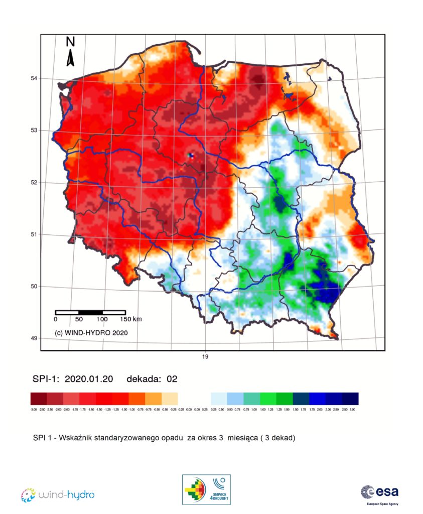 Średnia wartość SPI 1 czyli Wskaźnik standaryzowanego opadu za okres 1 miesiąca (3 dekady), stan na 2020-01-20 Dekada 02