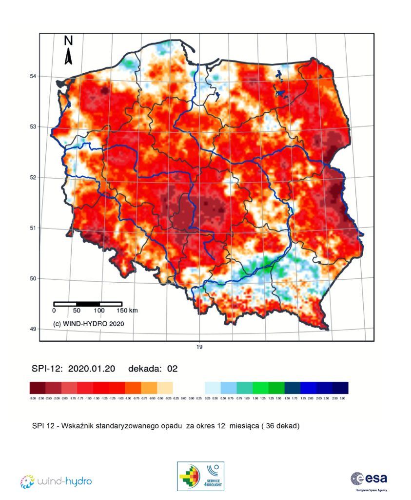 Średnia wartość SPI 12 czyli Wskaźnik standaryzowanego opadu za okres 12 miesiąca (36 dekad), stan na 2020-01-20 Dekada 02