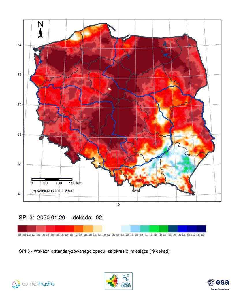 Średnia wartość SPI 3 czyli Wskaźnik standaryzowanego opadu za okres 3 miesiąca (9 dekad), stan na 2020-01-20 Dekada 02