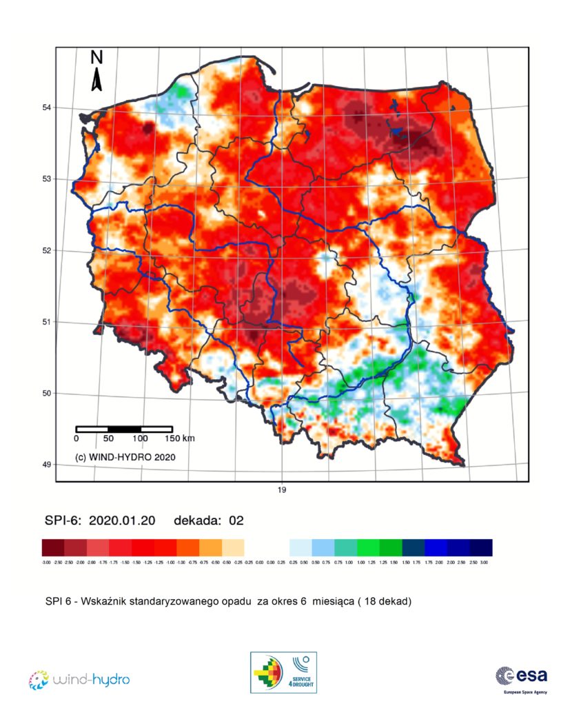 Średnia wartość SPI 6 czyli Wskaźnik standaryzowanego opadu za okres 6 miesiąca (18 dekad), stan na 2020-01-20 Dekada 02