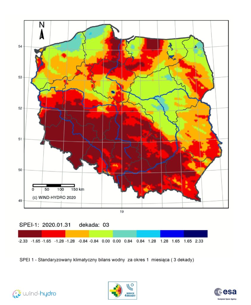 Średnia wartość SPEI 1 czyli Standaryzowany klimatyczny bilans wodny, stan na 2020-01-31 Dekada 03