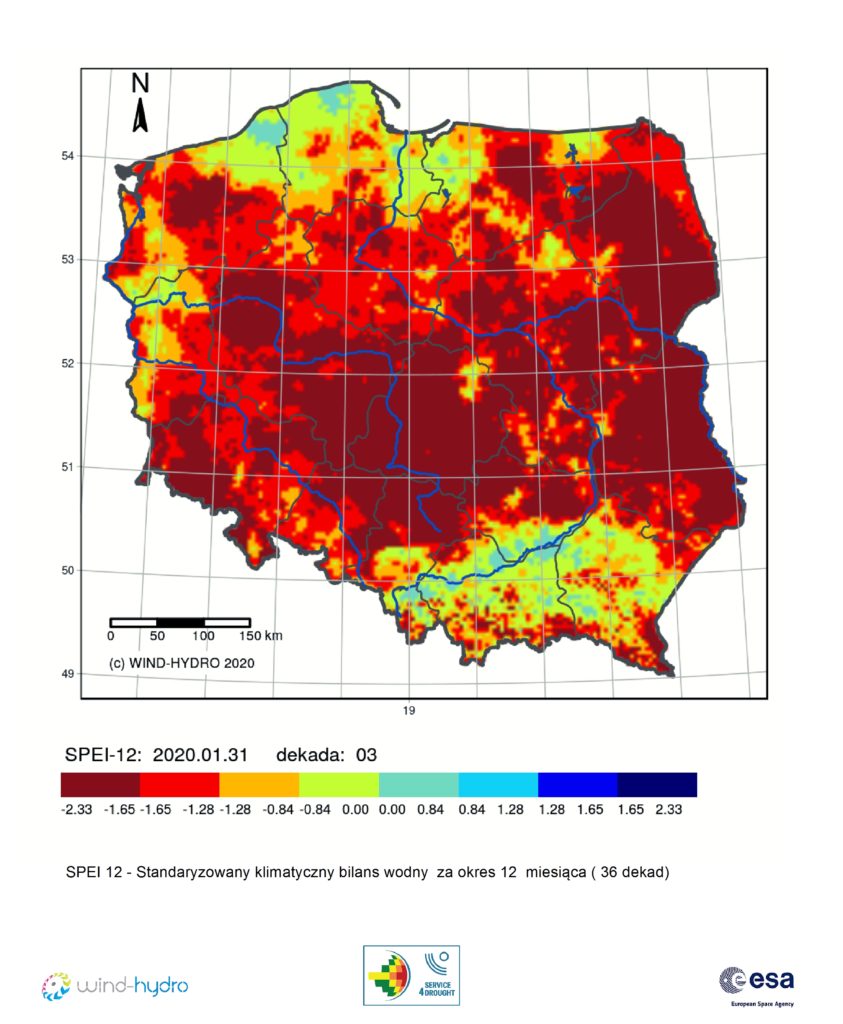 Średnia wartość SPEI 12 czyli Standaryzowany klimatyczny bilans wodny, stan na 2020-01-31 Dekada 03