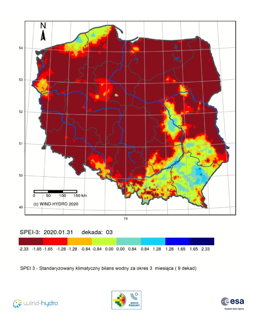 Średnia wartość SPEI 3czyli Standaryzowany klimatyczny bilans wodny, stan na 2020-01-31 Dekada 03