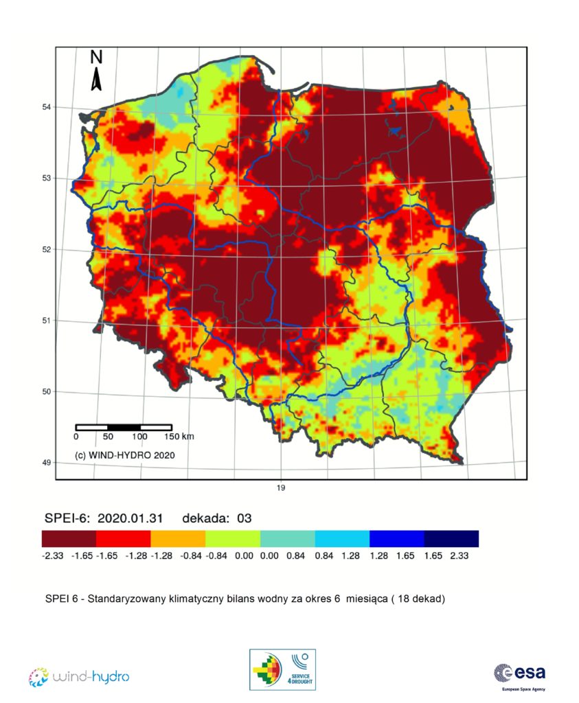 Średnia wartość SPEI 6 czyli Standaryzowany klimatyczny bilans wodny, stan na 2020-01-31 Dekada 03