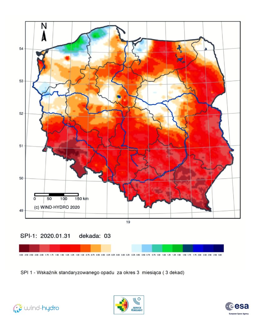 Średnia wartość SPI 1 czyli Wskaźnik standaryzowanego opadu za okres 1 miesiąca (3 dekady), stan na 2020-01-31 Dekada 03