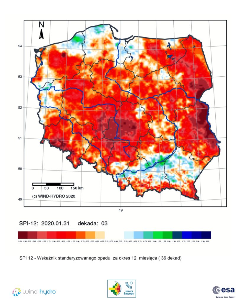 Średnia wartość SPI 12 czyli Wskaźnik standaryzowanego opadu za okres 12 miesiąca (36 dekad), stan na 2020-01-31 Dekada 03