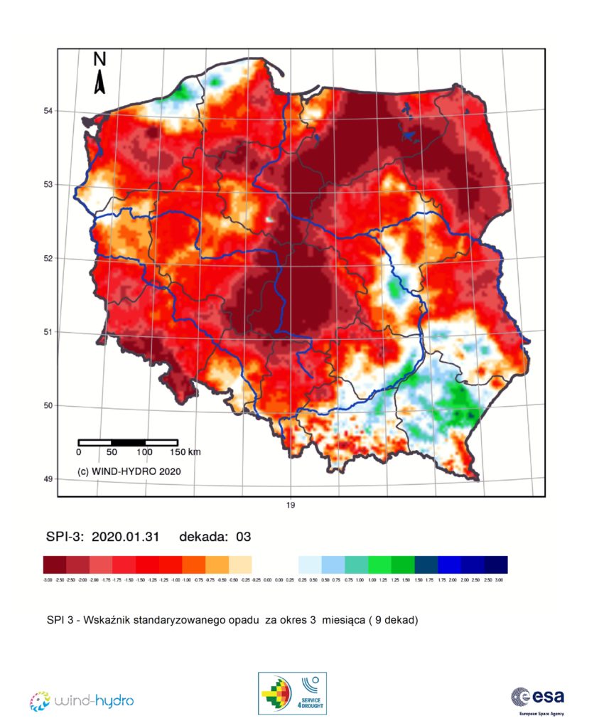Średnia wartość SPI 3 czyli Wskaźnik standaryzowanego opadu za okres 3 miesiąca (9 dekad), stan na 2020-01-31 Dekada 03