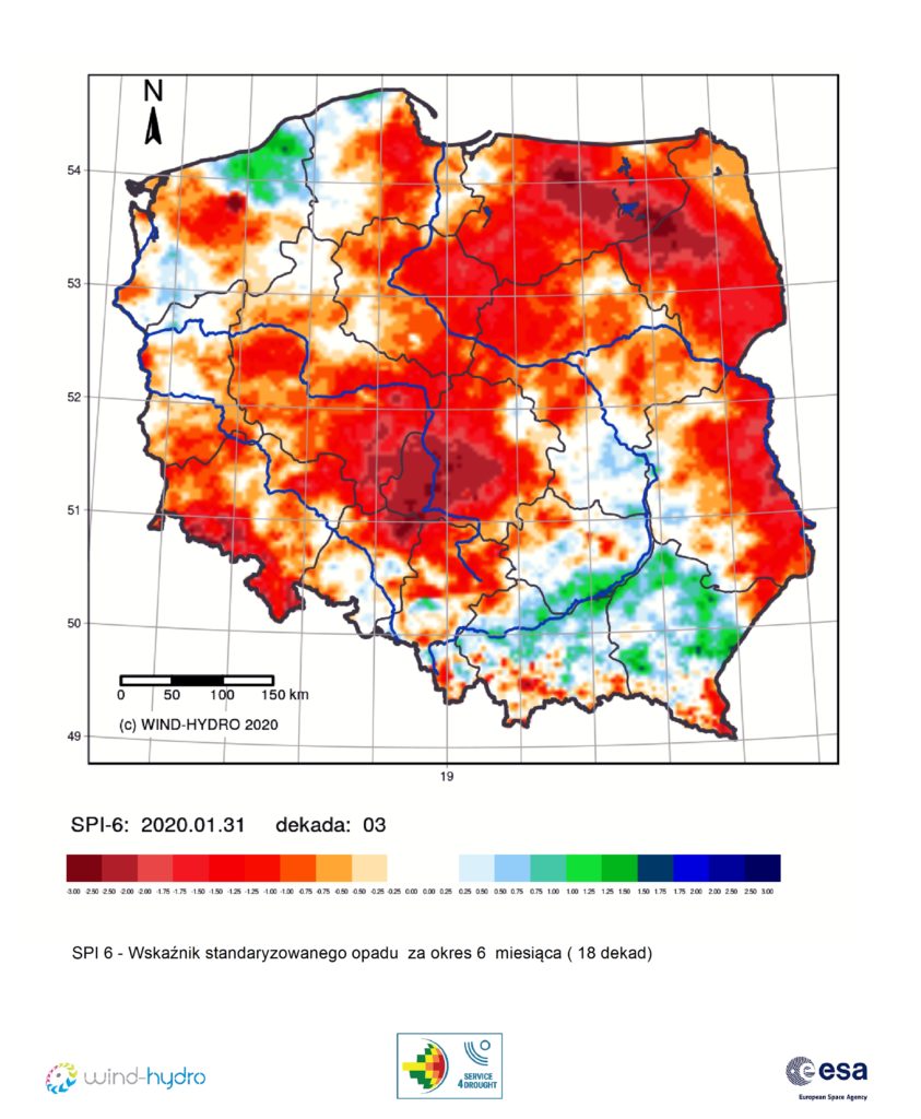 Średnia wartość SPI 6 czyli Wskaźnik standaryzowanego opadu za okres 6 miesiąca (18 dekad), stan na 2020-01-31 Dekada 03
