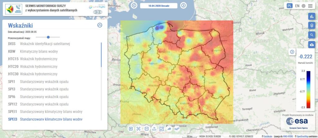 serwis monitoringu suszy, esusza.pl, dane satelitarne ESA